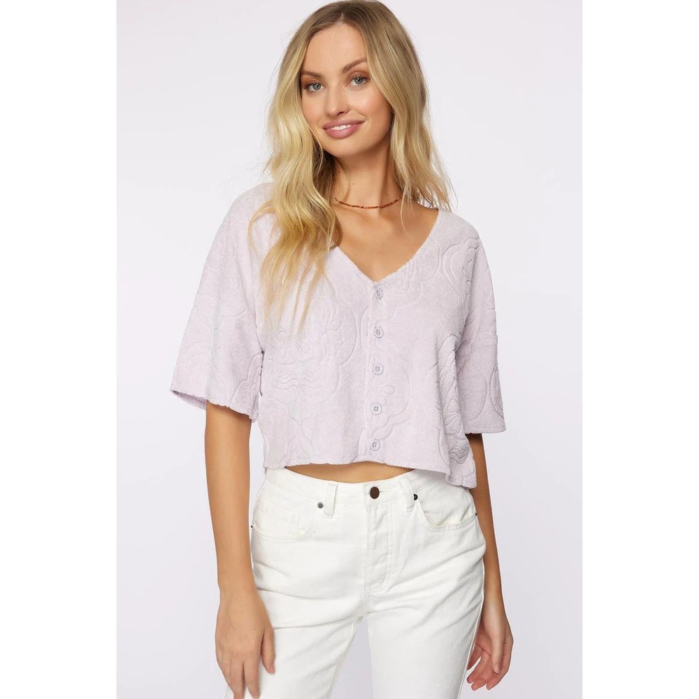 O'NEILL Cabana Tile Terry Cloth Top Size L Light Purple Button Up V-Neck